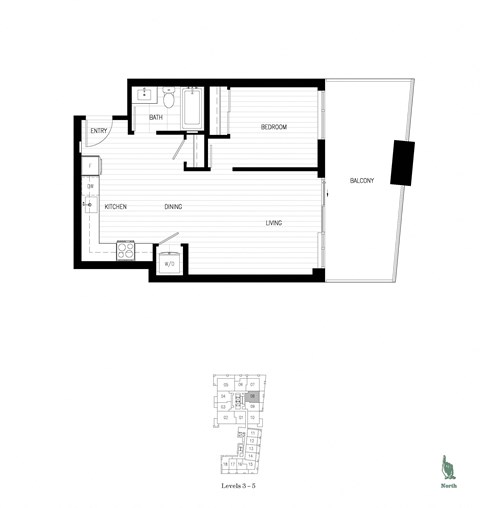 Floor plan for 1 bed, 1 bath, 589 sqft